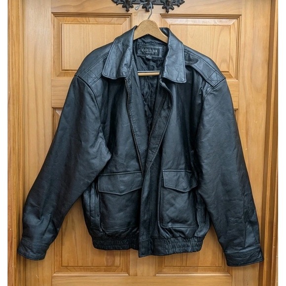 Cougar Leather Men's XL Coat Pockets Black Bomber Biker Jacket - Picture 8 of 11